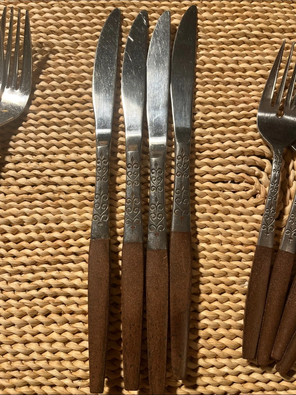 Vtg MCM Interpur 12 pc Wood Handle Silverware 4 knives 4 sm and 4 lg forks